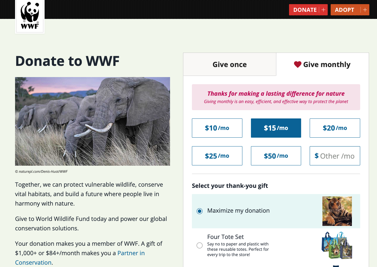 The WWF donation form showing their recurring donation options. 